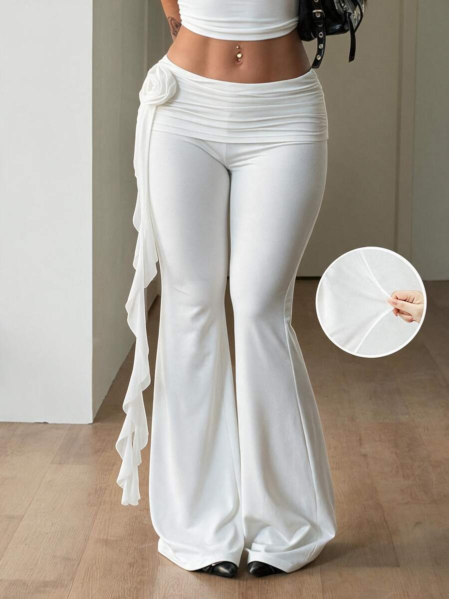 Coolane Women's 3D Floral Decor Ruffle Hem Casual Daily Wear Long Pants - White - View 1