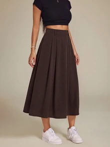 Vivamere Women's Solid Color High Waist Pocket Casual Commute Skirt - Brown - View 5