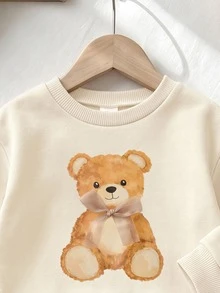 4-7 Years Old Girls Cute Bear Pattern & 3D Bow Decor Round Neck Sweatshirt Dress, Plaid Digital Print Hem, Sweet Style, Preppy Style, Suitable For Autumn/Winter Wear - Multicolor - View 3