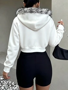Rovax 女款字母圖案休閒日常毛絨拼接衛衣 - 白色 - 查看 2