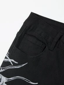 ROMWE MEN Celana Jeans Fashion Pria Avant-Garde dengan Motif Cetak dan Kantong Kancing - Hitam - View 3