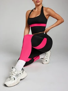 SHEIN Sports Setelan Olahraga Wanita: Tank Top Model Halter Neck dan Legging Ketat Bergaris dengan Blok Warna - MultiWarna - View 5