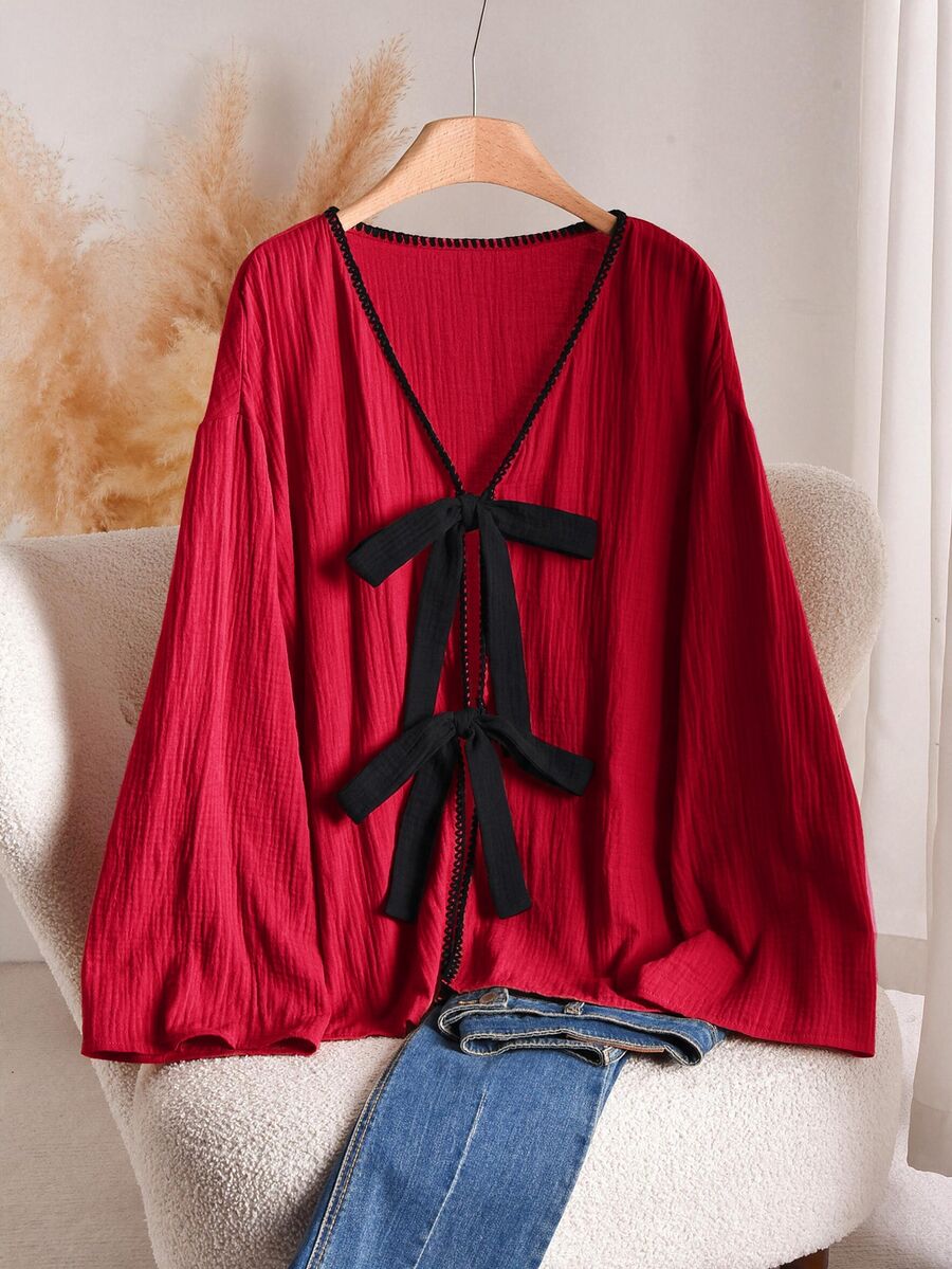 CosyJoli Plus Size Women's Colorblock Casual Versatile Daily Wear Shirt - Red - View 1