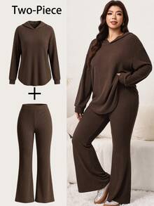 SHEIN LUNE Plus Size Women's Solid Color Long Sleeve Top And Flare Leg Pants Casual Daily 2 Pieces Set - Brown - View 8