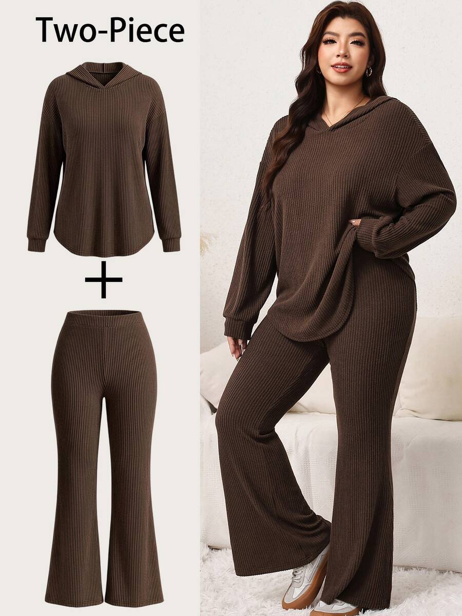 SHEIN LUNE 大尺碼女款純色長袖上衣與喇叭褲休閒日常兩件套 - 棕色 - 查看 1