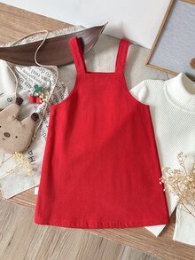 SHEIN 女童小女孩鹿圖案紅色燈芯絨卡通刺繡秋季洋裝 - 紅色 - 查看 3