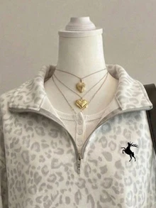 SHEIN EZwear 秋季新款復古做舊老錢風豹紋圖案灰色寬鬆半拉鍊高領薄款運動衫套頭衫，秋季上衣，適合日常通勤、聚會、秋冬/夏季、聖誕節、新年、感恩節、派對、婚禮、海灘、畢業典禮、優雅、出遊、約會、通勤、情人節、優雅、度假 - 灰色 - 查看 3