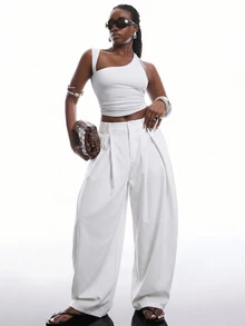 SHEIN EZwear 白色秋冬復古休閒街頭風寬鬆軍綠色圓弧下擺大尺碼長褲 - 白色 - 查看 5