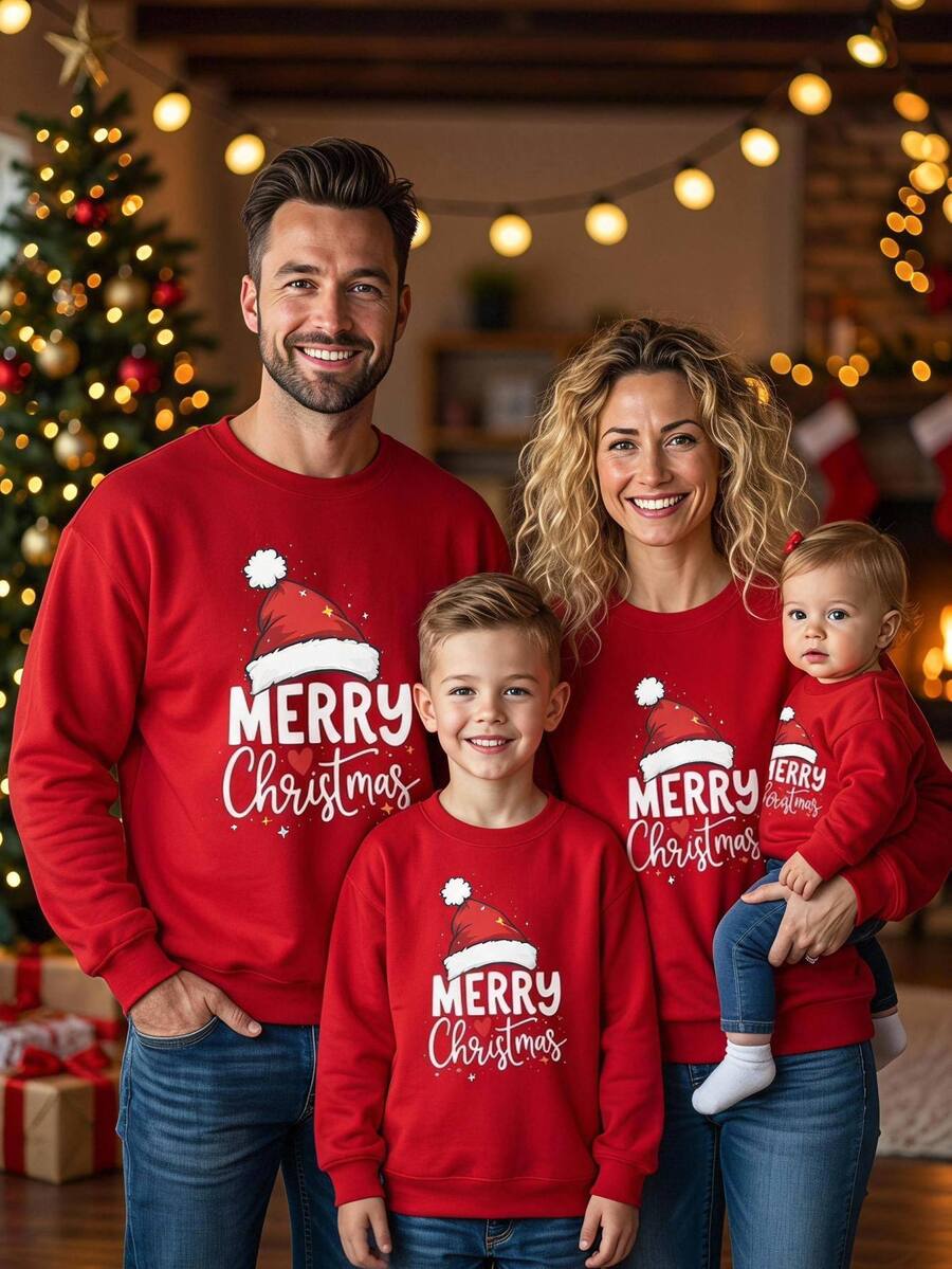 SHEIN Baby Boy Casual Comfortable Cute Christmas Style Printed Pattern Crew Neck Sweatshirt - Red - View 1