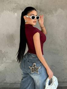 SHEIN SXY 大尺碼女款純色鈕扣半開襟修身休閒上衣 - 酒紅色 - 查看 2