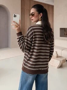Mulvari Women's Colorblock Polo Collar Striped Long Sleeve Casual T-Shirt - Brown - View 2