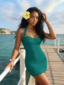 Slaydiva Women's Solid Color Casual Minimalist Party Halter Mini Dress - Mint Green - View 7