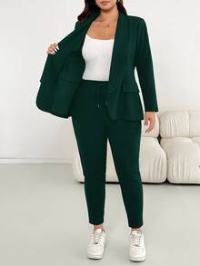 Shapeblank Plus Size Women Solid Color Shawl Collar Long Sleeve Jacket And Pants Casual 2 Pieces Set - Dark Green - View 4