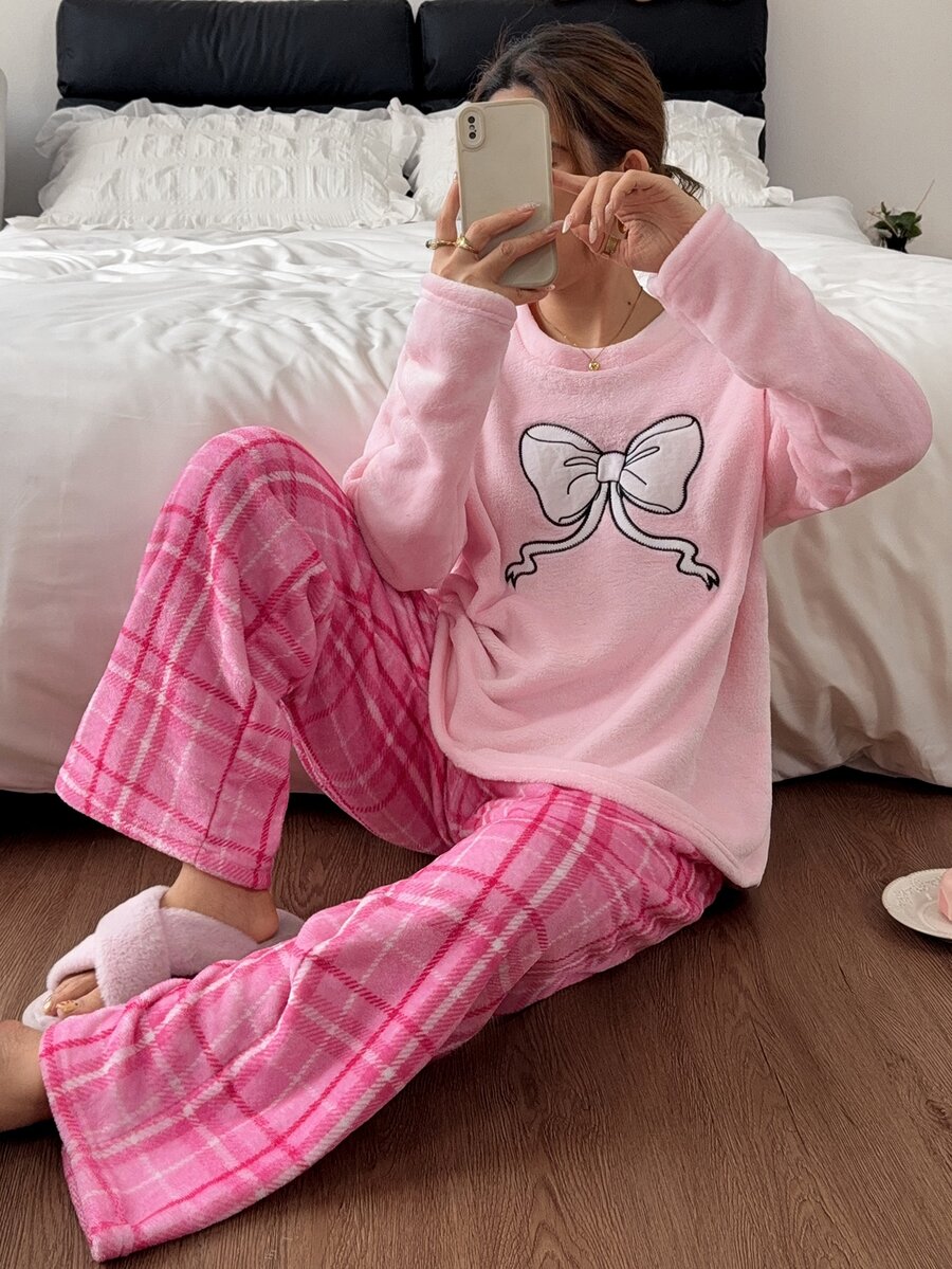 Napfluff Bow Embroidery Round Neck Top & Plaid Print Long Pants Comfortable Fuzzy Pajama Set - Pink - View 1