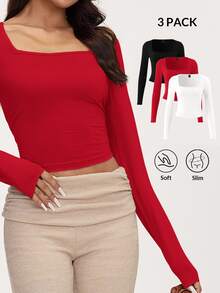 SHEIN BASICS 3PCS Women Solid Color Square Neck Long-Sleeved Slim-Fit Versatile T-Shirt - Multicolor - View 3