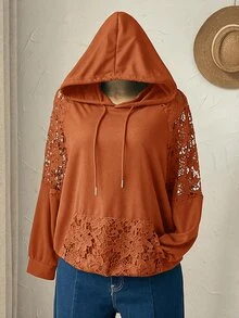 Rusticease Áo nỉ hoodie dây rút tay dài raglan phối ren tương phản màu trơn cho nữ size lớn - Rỉ Nâu - Xem 6