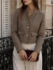 Pariaura Women's French-Style Plaid Jacket, Stand Collar & Metal Buttons, Structured Shoulder Fit, Relaxed Elegant Design For Office & Commuting, Fall/Winter - Coffee Brown - View 3