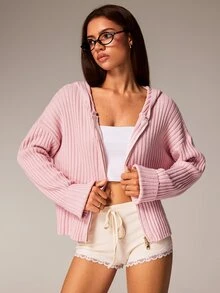 Athîral Ladies' Casual Soft Ribbed Knitted Hooded Long Sleeved Pink Casual Oversized Zipper Cardigan Sweater, Suitable For Daily Home Wear In Autumn And Winte - Pink - View 5