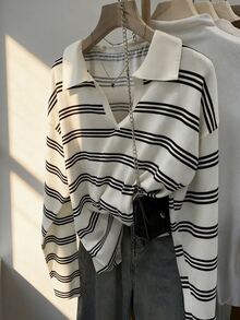 Écloséra Curve Elegant Vintage Striped Collared Knit Long Sleeve Plus Size T-Shirt - Black and White - View 6