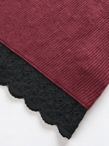 Louniche Elegant Lace Trim Hem Long Sleeve Design Women's 2 Pieces Set - Burgundy - View 8