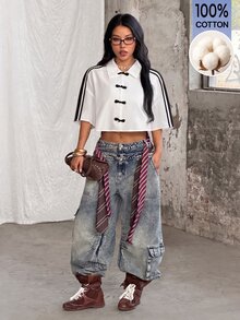 Coolane 女款夏季街頭風休閒Y2K復古日常穿搭時髦中式風格白色寬鬆翻領短袖盤扣短版襯衫 100%純棉舒適 - 白色 - 查看 5