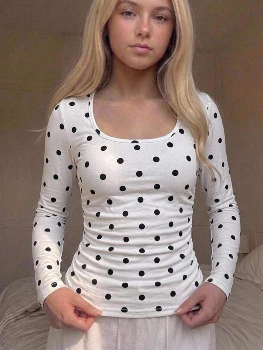 Tween Girl Casual Everyday Versatile Comfortable Round Neck Polka Dot T-Shirt - White - View 1