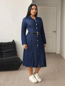 Flexra Plus Size Women's Casual Elegant Stretch Denim Dress - Dark Wash - View 7