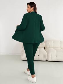 Shapeblank Plus Size Women Solid Color Shawl Collar Long Sleeve Jacket And Pants Casual 2 Pieces Set - Dark Green - View 2