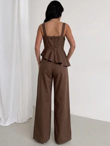Firerie Bộ đồ denim nữ gồm áo sát nách cổ vuông gấu bèo nhún và quần dài - màu nâu - Xem 10