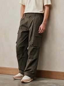 TONEVAULT Men's Solid Color Cargo Pocket Straight Leg Loose Casual Long Pants - Army Green - View 4