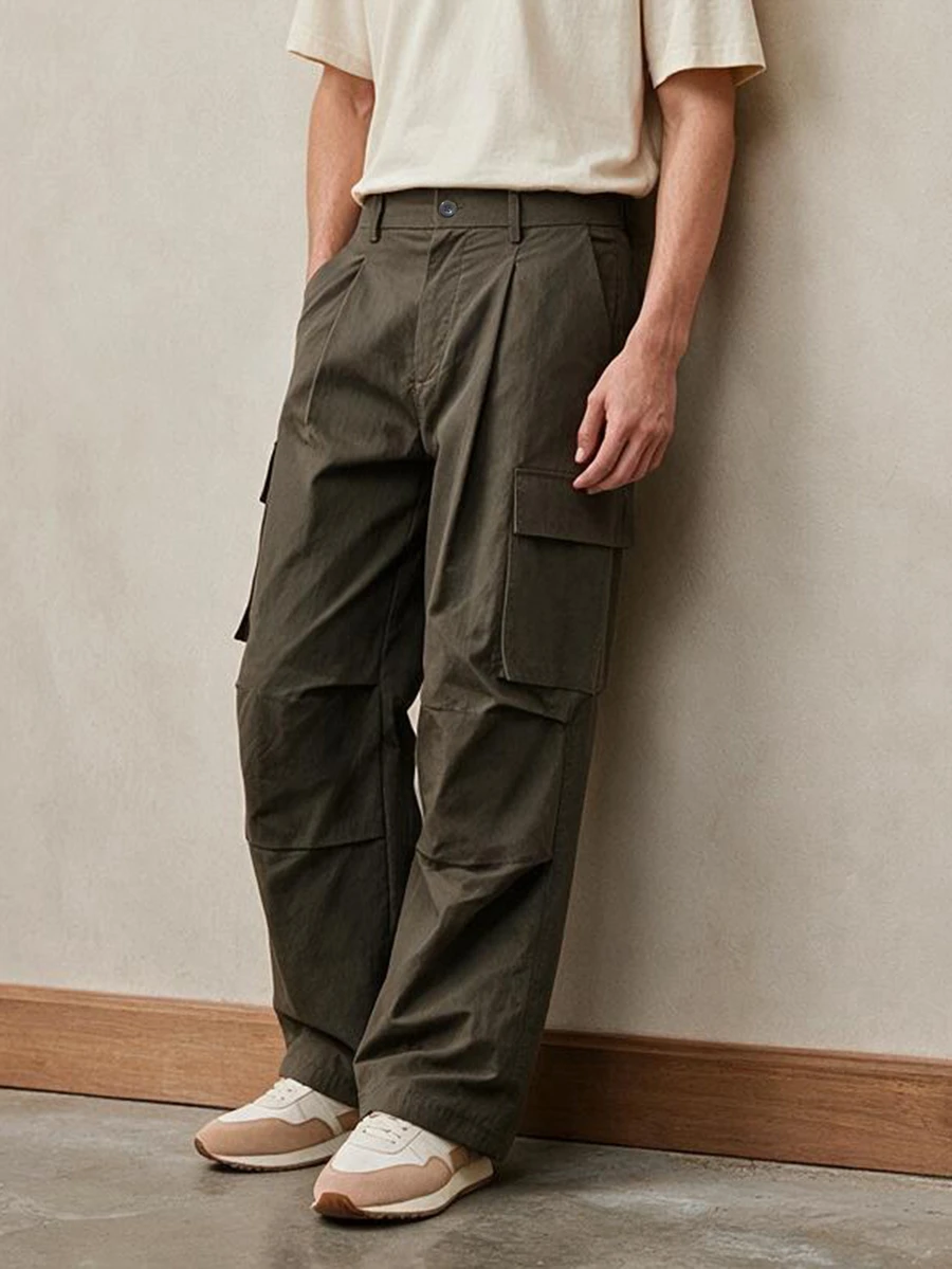 TONEVAULT Men's Solid Color Cargo Pocket Straight Leg Loose Casual Long Pants - Army Green - View 1
