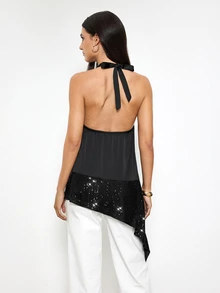 SHEIN x IZA Maija Women's Solid Color Patchwork Sequin Asymmetrical Hem Fashion Halter Tank Top - Black - View 4