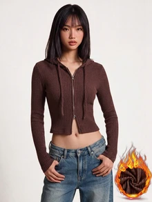 Rina Fox New Arrival Ribbed Knit Zip Up Hooded Crop Jacket, 3D Tailoring Slim Long Sleeve Outerwear - Brown - View 3
