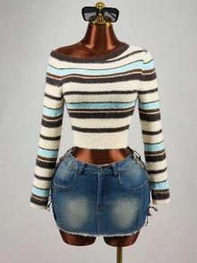 Mistrie Y2K Asymmetrical Shoulder Colorblock Striped Fuzzy Cropped Long Sleeve Knit Sweater - Blue - View 4