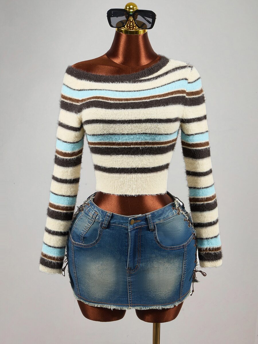 Mistrie Y2K Asymmetrical Shoulder Colorblock Striped Fuzzy Cropped Long Sleeve Knit Sweater - Blue - View 1