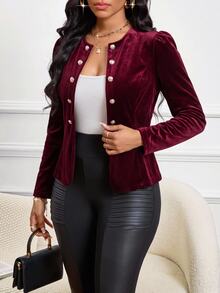 SHEIN Lady جاكيت نسائي بلون موحد كاجوال متعدد الاستخدامات للاستخدام اليومي بأكمام طويلة - عنابي اللون - مشاهدة 5