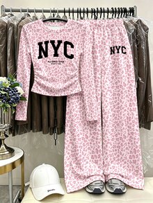 (1套)Tween女孩秋季休閒時尚極簡風 NYC 粉色豹紋抓皺腰長袖T恤與寬腿長褲 - 彩色 - 查看 3