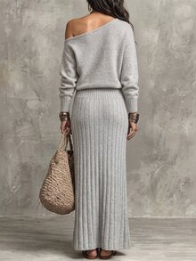 SHEIN Raffinéa Women's Asymmetrical Shoulder Slouchy Long Sleeve Sweater Set, Casual Knitted Autumn/Winter 2 Pieces Set, Light Gray Loose Fashionable Versatile Ribbed Skirt And Sweater 2 Pieces Set - Grey - View 2