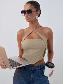 Hauture Women's Solid Color Asymmetrical Hem Criss-Cross Design Halter Tank Top - Khaki - View 1