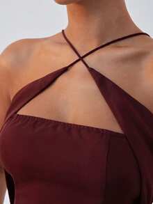 Hauture Women's Solid Color Asymmetrical Hem Criss-Cross Design Halter Tank Top - Burgundy - View 5