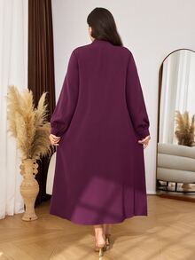 Lacomfia Embroidered Striped Random Pattern Dark Red Plus Size Dress, Elegant Fashionable Elegant Loose Long Length Long Sleeve Woven Non-Stretch - Burgundy - View 2