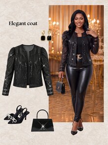 Fleurora Plus Size Women's Solid Color Sequin Puff Long Sleeve Open Front Elegant Jacket - Black - View 6