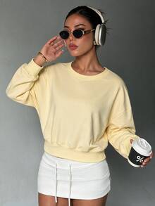 Dewbera Dewbera Women's Solid Color Round Neck Drop Shoulder Long Sleeve Sports Casual Cropped Sweatshirt - Yellow - View 3