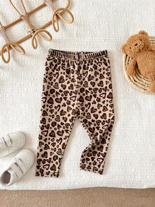 Baby Girl Versatile Elastic Waist Leggings/Pants/Tights, Sweet Cool Leopard Print Digital Pattern With Heart Design, Casual Comfortable Versatile Bottoms For Spring, Summer, Autumn - Multicolor - View 2