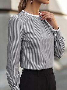 RosyDaze 女款優雅條紋領蕾絲拼接長袖襯衫，適合日常通勤、約會、居家穿著 - 黑色 - 查看 8