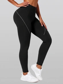 Slayform Slayform Plus Size High Waisted Yoga Pants With Women's Reflective Point Design, High Elasticity And Quick Drying Fitness Pants, Fat MM Sports Tight Pants - Black - View 4