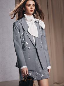 Anewsta Women's Elegant Heavy Beaded & Rhinestone Hand-Embellished Blazer + Skirt 2 Pieces Set - Grey - View 6