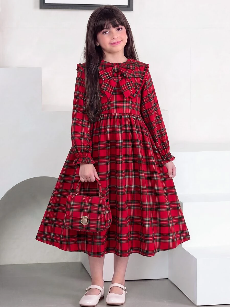 SHEIN 青少年女孩秋冬聖誕長袖格紋收腰蝴蝶結誇張大領長洋裝 - 酒紅色 - 查看 1