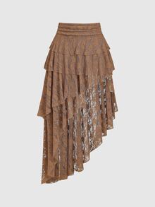 Sweetra Rok Wanita Berenda dengan Hem Asimetris - Khaki - View 5