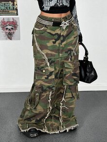 StreetHx Plus Size Women's Camouflage Cargo Pocket Frayed Hem Extra Long Denim Skirt - Multicolor - View 1